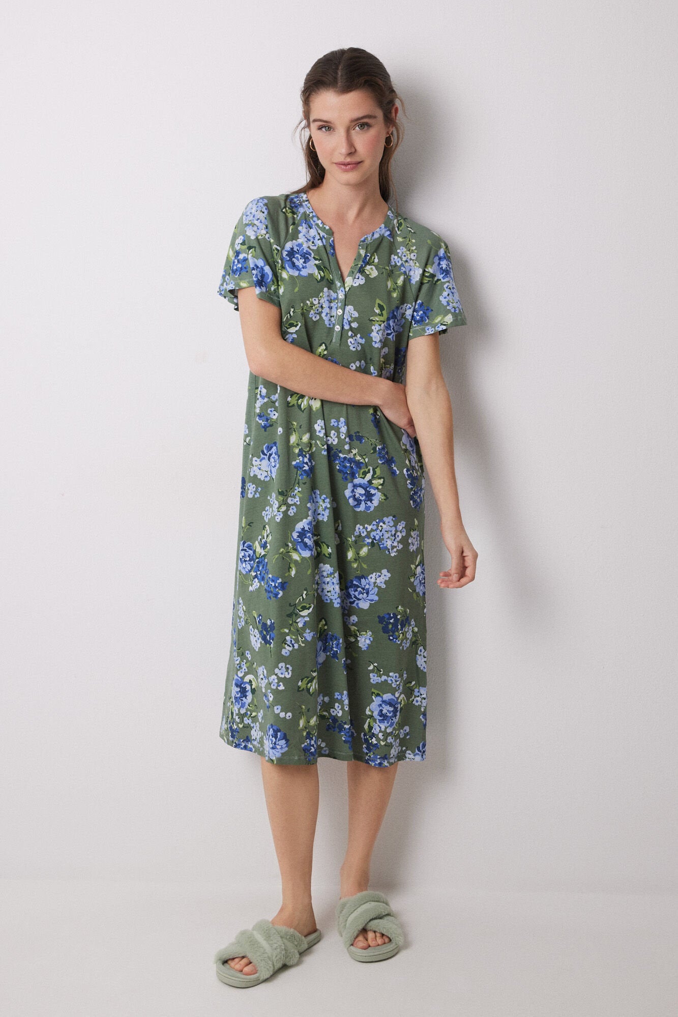 Women Secret_Midi Nightgown 100% Cotton Green Flowers_4369317_29_03