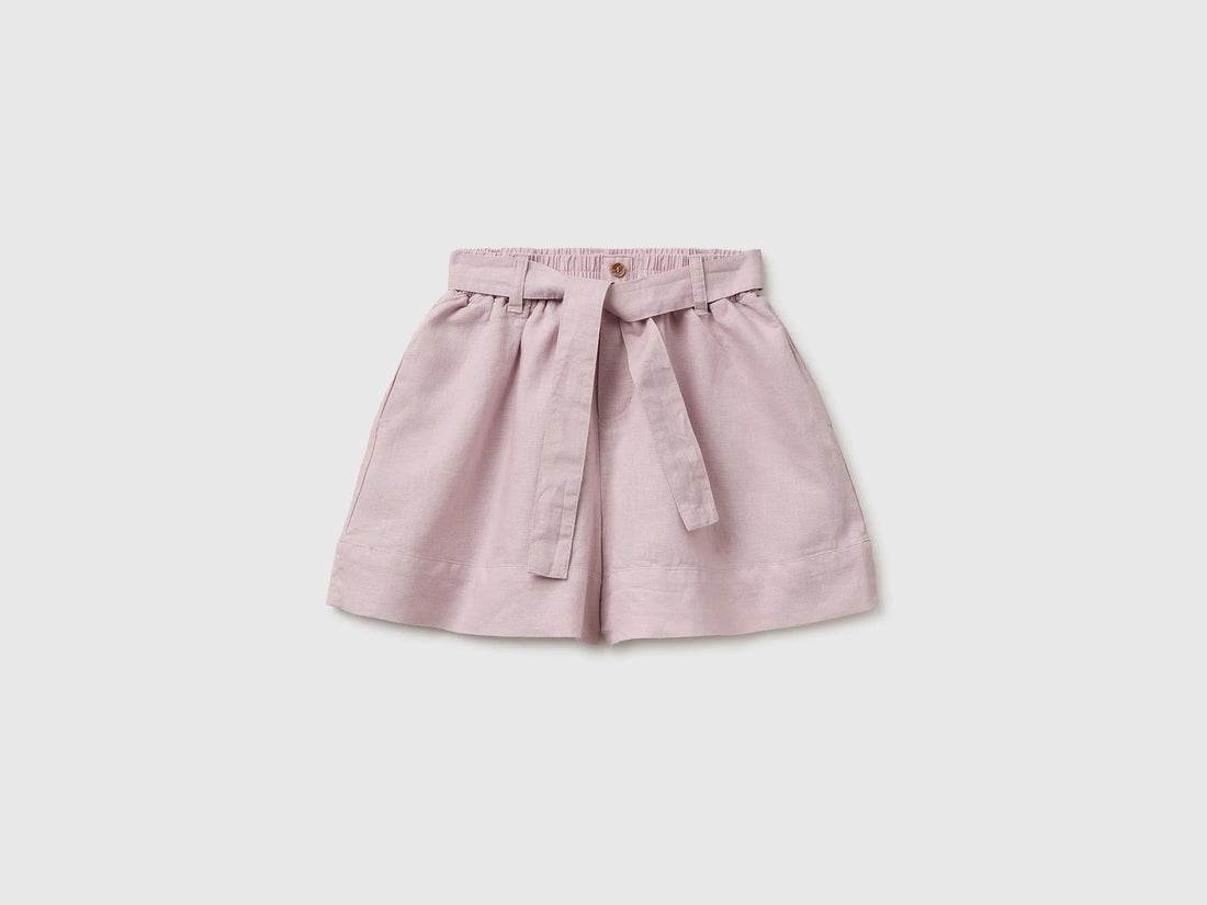 Benetton Pink Girls Linen Blend Shorts with Sash SKU: 43WBC904H_0C3 Image 01
