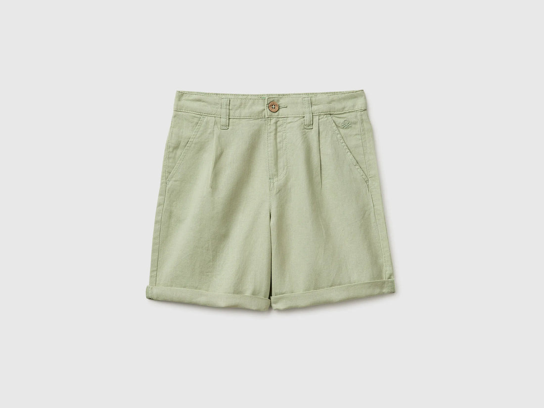 Benetton Light Green Boys Linen Blend Shorts SKU: 43WBC904I_218 Image 01