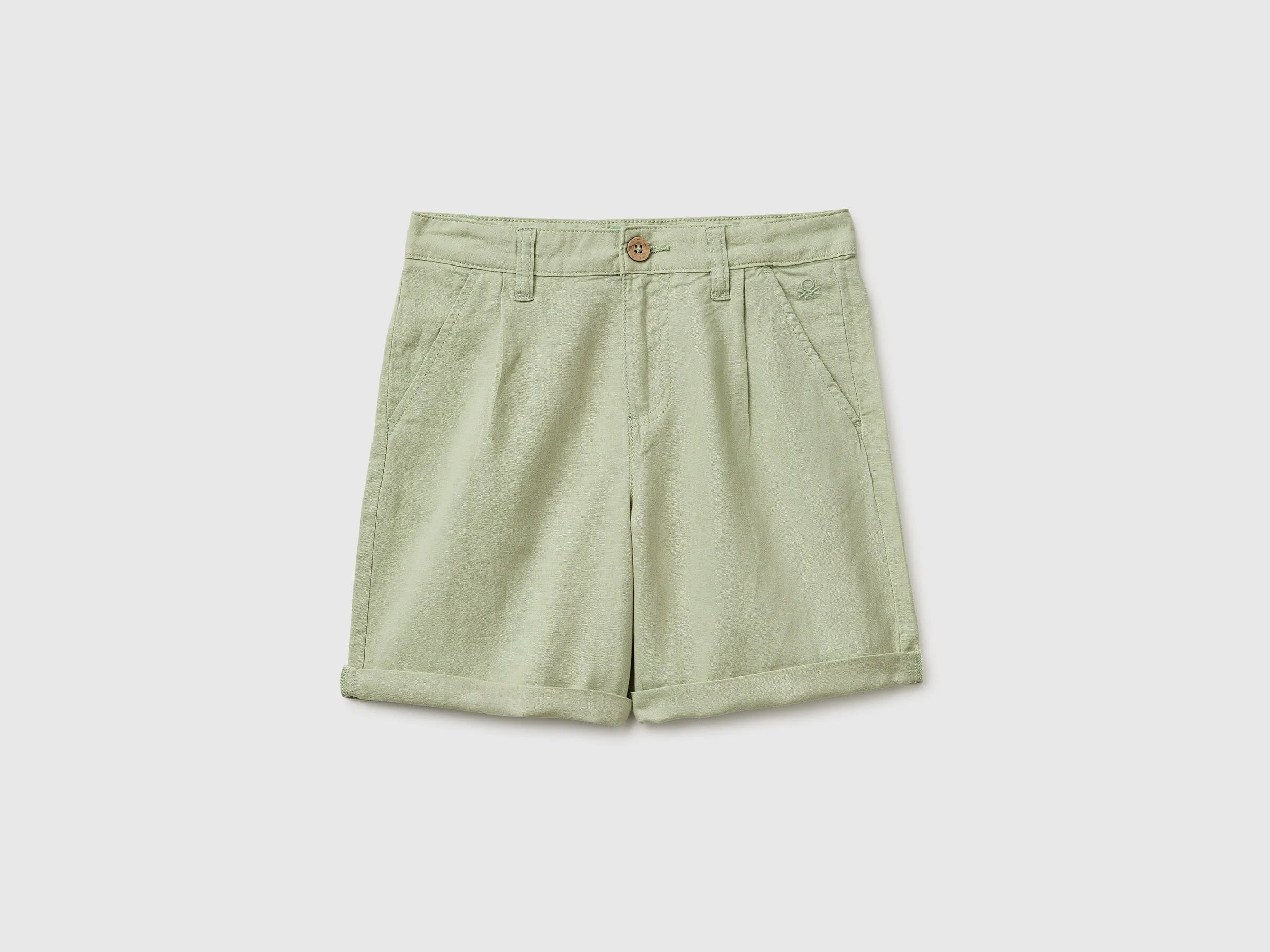 Benetton Light Green Boys Linen Blend Shorts SKU: 43WBC904I_218 Image 01