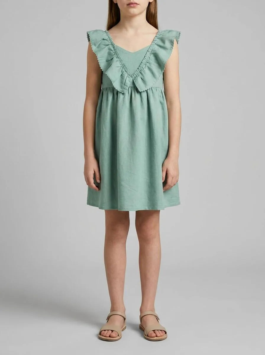 Benetton Aqua Girls Linen Blend Dress with Ruffles SKU: 43WBGV02S_30V Image 00