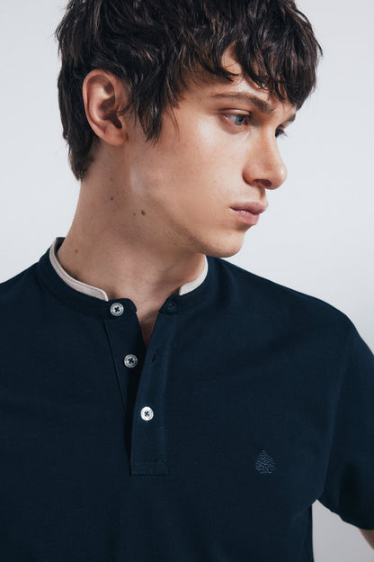 Springfield_Blue_Slim Fit Mandarin Collar PiquŽ Polo Shirt_4402324_10_02