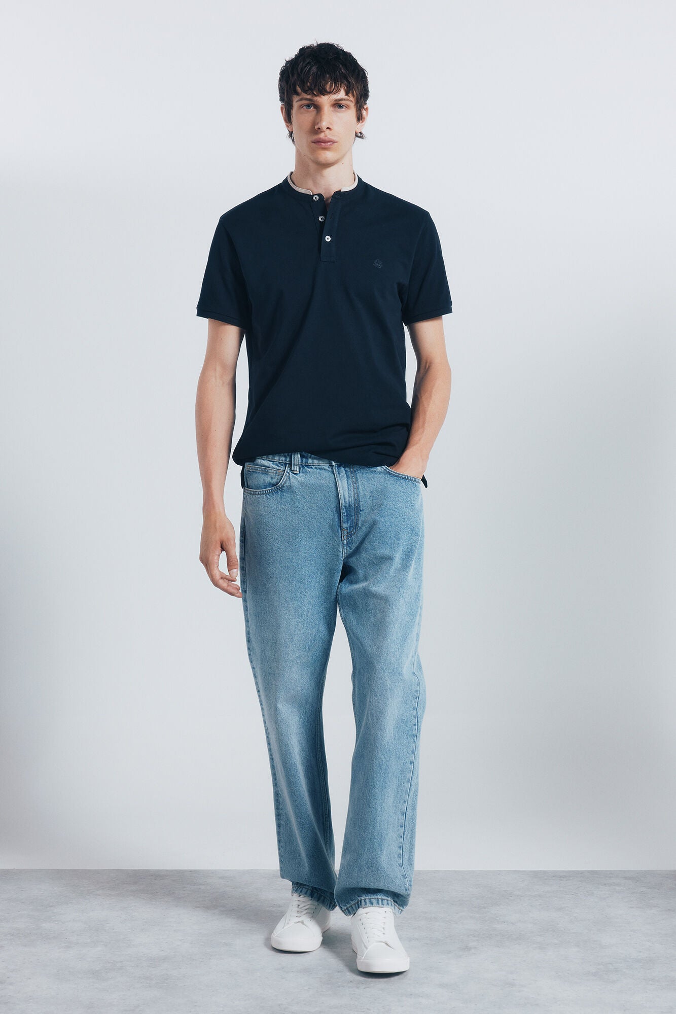 Springfield_Blue_Slim Fit Mandarin Collar PiquŽ Polo Shirt_4402324_10_03