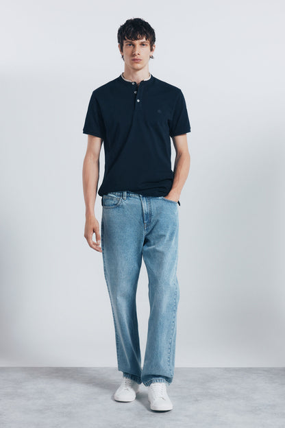 Springfield_Blue_Slim Fit Mandarin Collar PiquŽ Polo Shirt_4402324_10_03