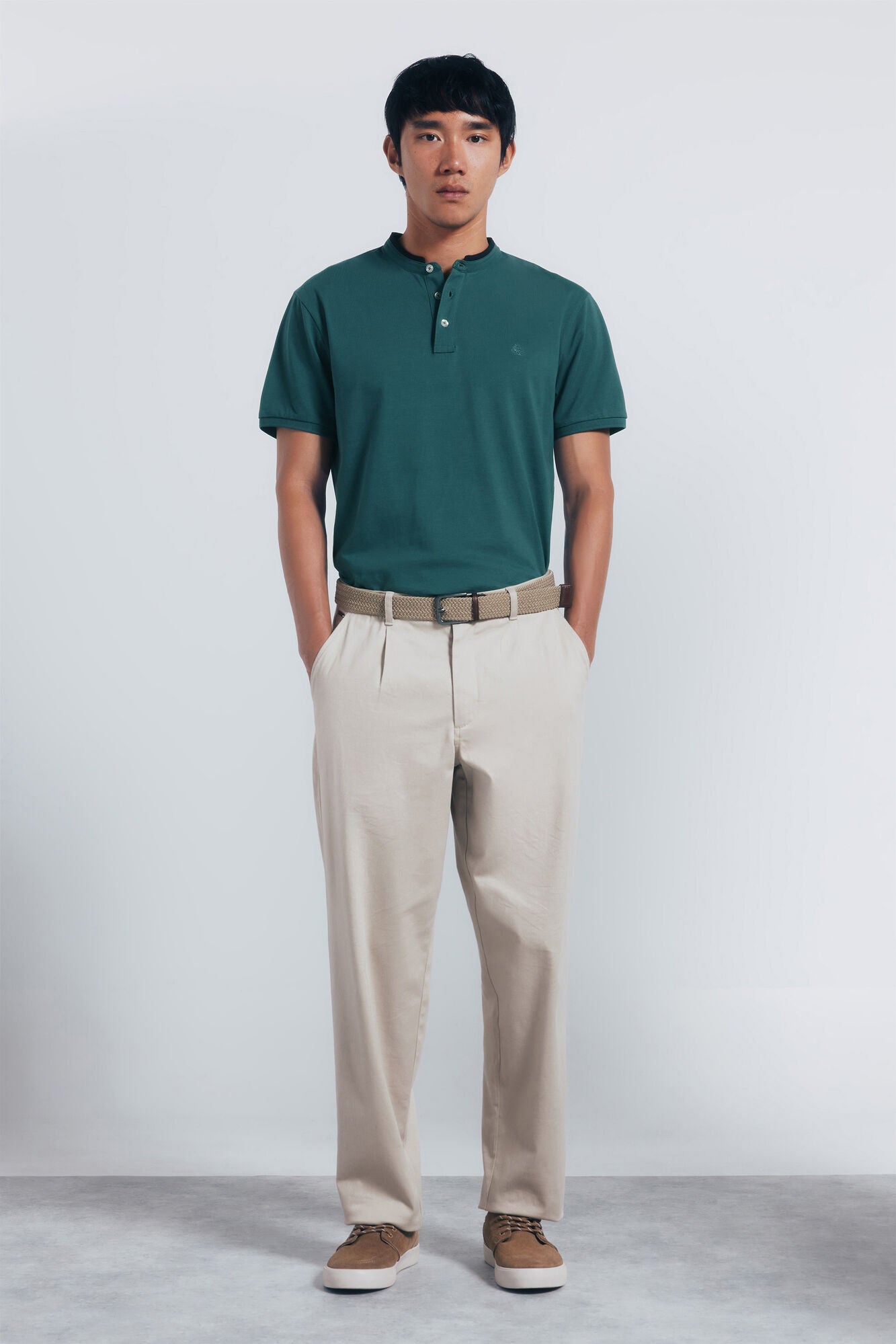 Springfield_Green_Slim Fit Mandarin Collar PiquŽ Polo Shirt_4402324_23_02