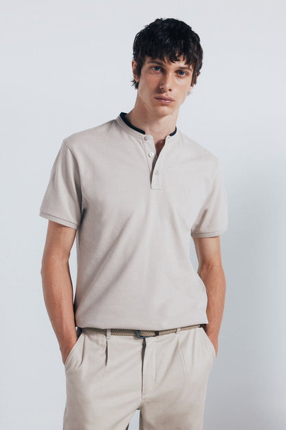 Springfield_Beige_Slim Fit Mandarin Collar PiquŽ Polo Shirt_4402324_38_01