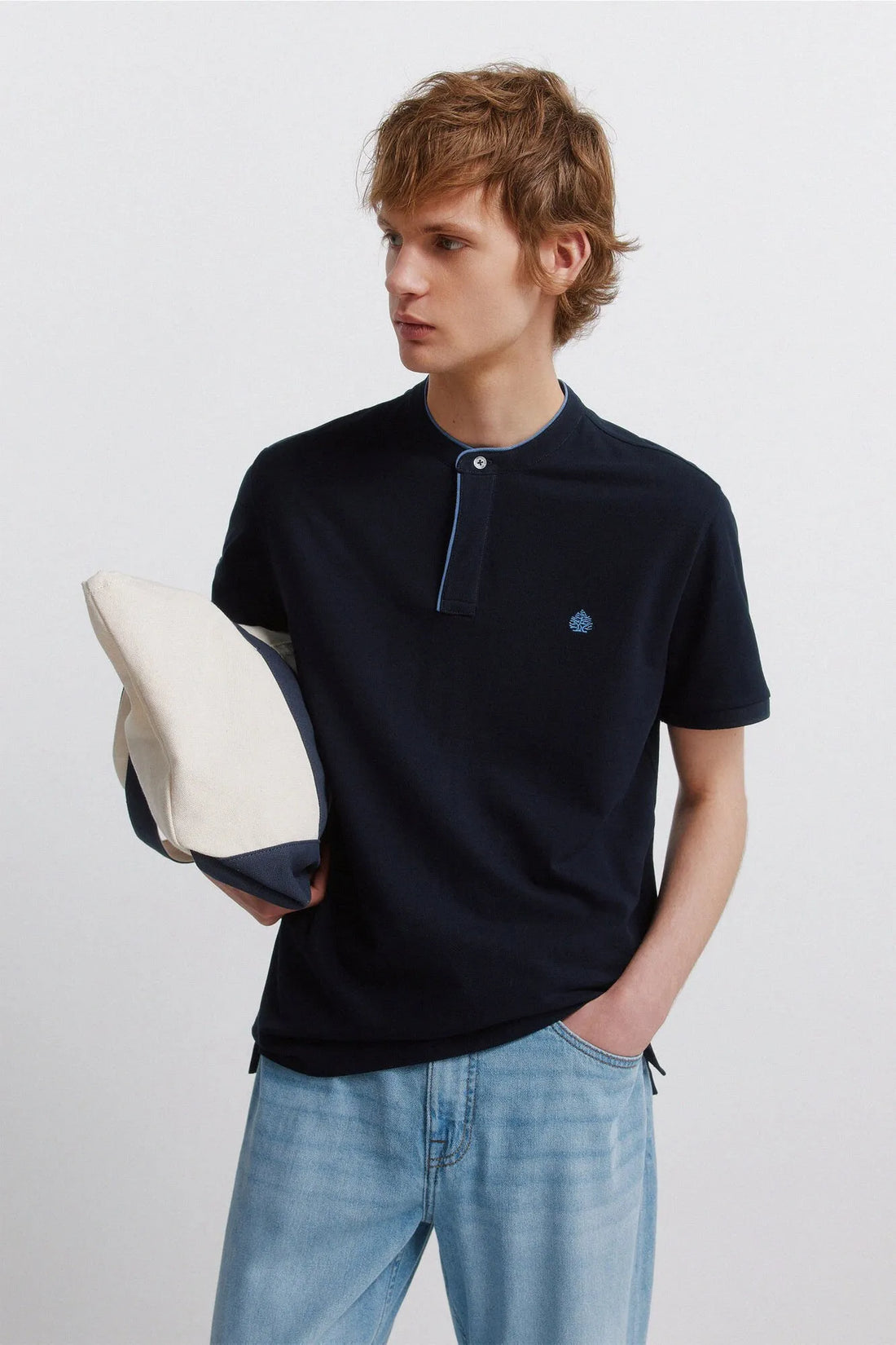 Springfield Blue Men PiquŽ Mandarin Collar Slim Fit Polo Shirt SKU: 4403094_11 Image 01