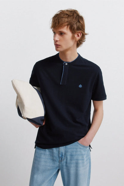 Springfield Blue Men PiquŽ Mandarin Collar Slim Fit Polo Shirt SKU: 4403094_11 Image 01