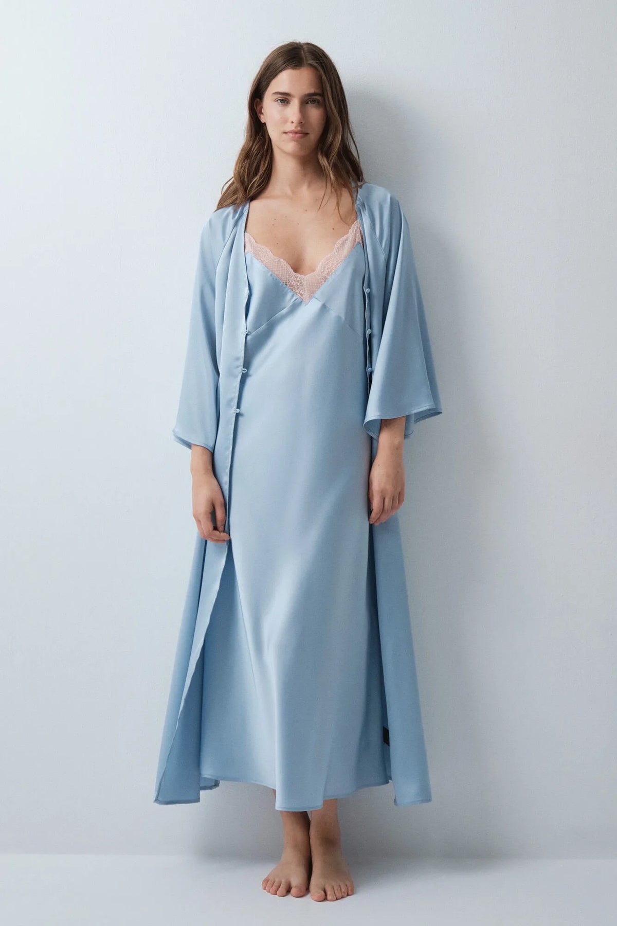 Women Secret Dark Blue Women Satin-Finish Puffed Sleeve Long Robe SKU: 4414338_11 Image 01