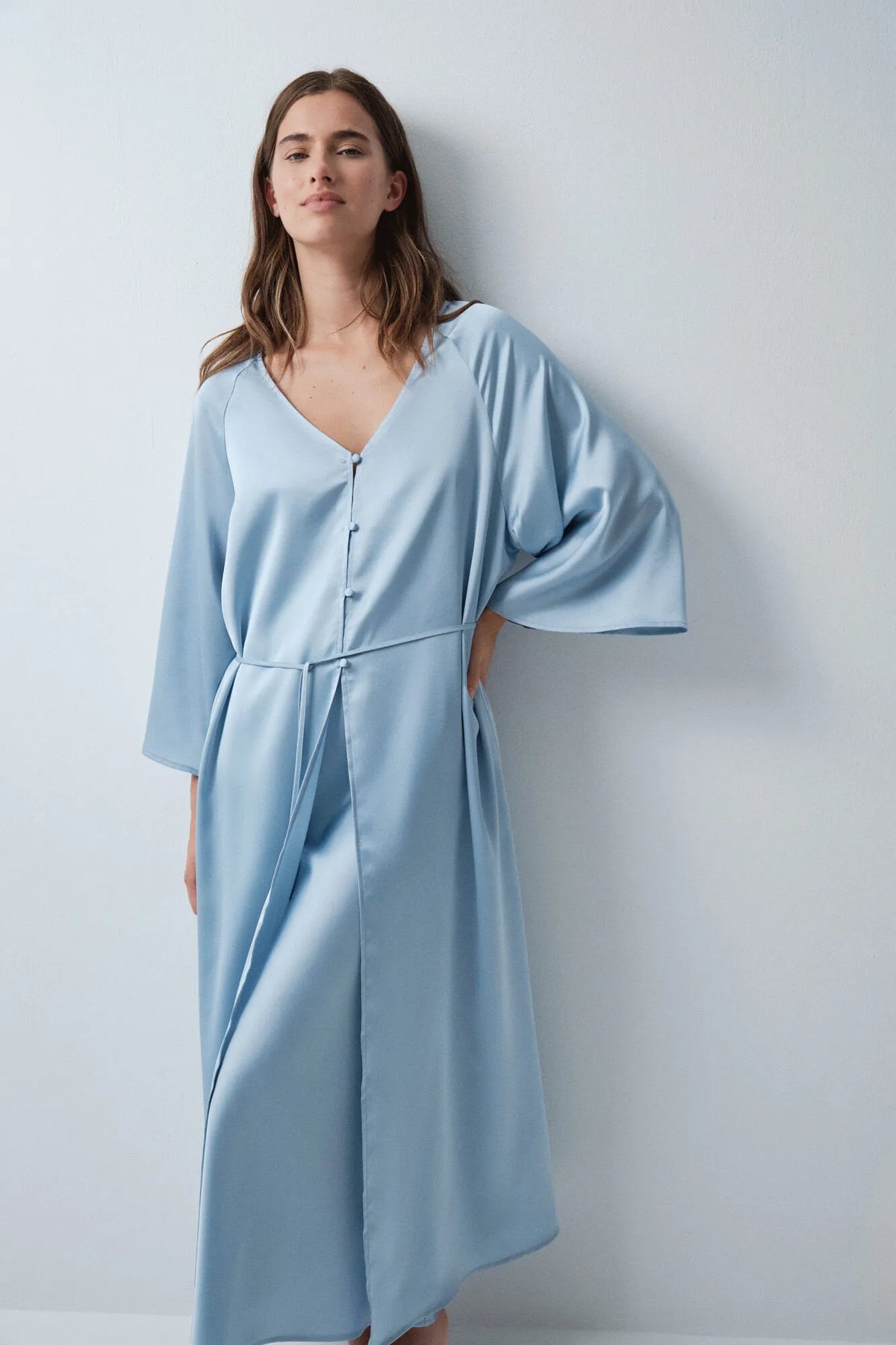 Women Secret Dark Blue Women Satin-Finish Puffed Sleeve Long Robe SKU: 4414338_11 Image 03