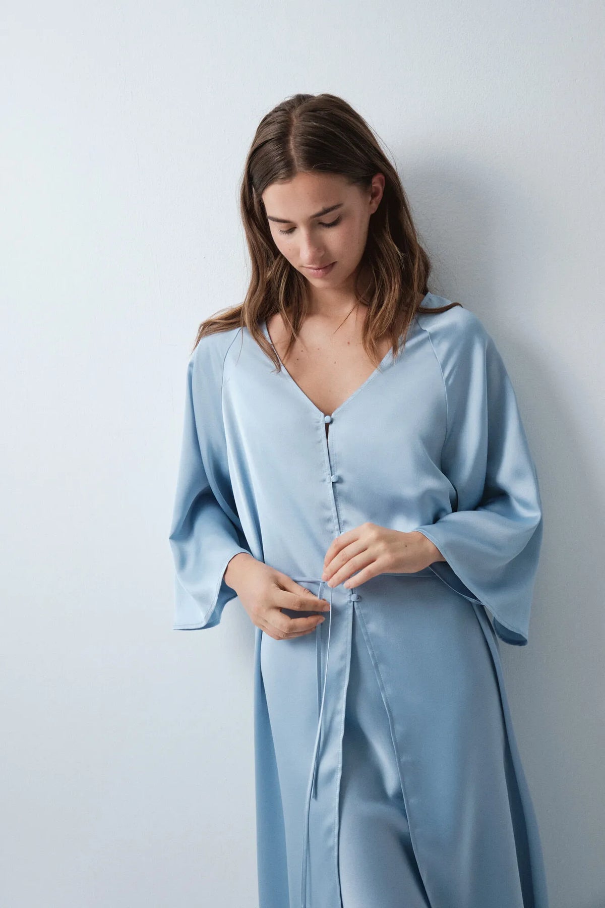 Women Secret Dark Blue Women Satin-Finish Puffed Sleeve Long Robe SKU: 4414338_11 Image 04