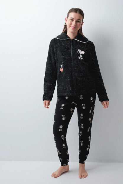 Women Secret Black Women Black Faux Shearling Short Robe Snoopy SKU: 4414340_01 Image 02