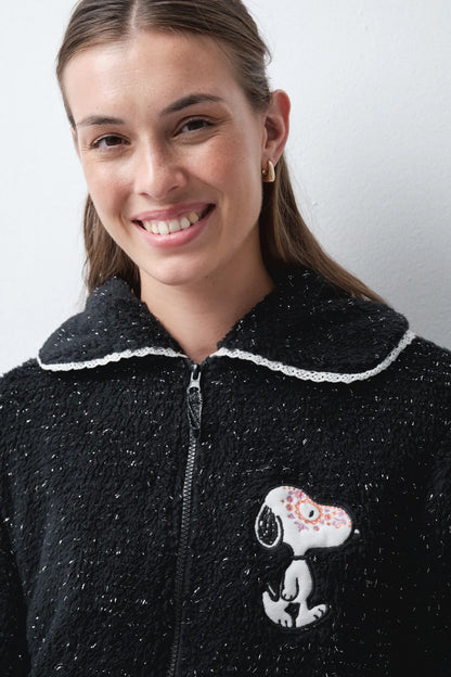 Women Secret Black Women Black Faux Shearling Short Robe Snoopy SKU: 4414340_01 Image 03