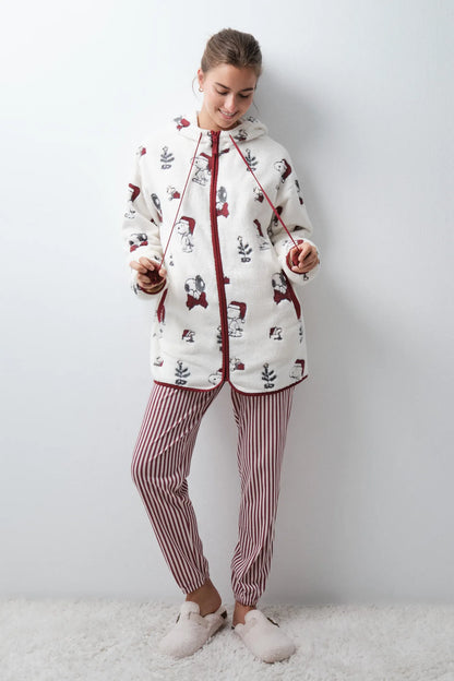 Women Secret White Print Women Fluffy Hooded Snoopy Robe SKU: 4414352_97 Image 01