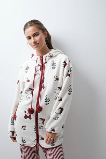 Women Secret White Print Women Fluffy Hooded Snoopy Robe SKU: 4414352_97 Image 02