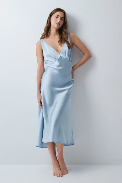 Women Secret Dark Blue Women Blue Satin-Finish Long Nightgown SKU: 4444824_11 Image 03