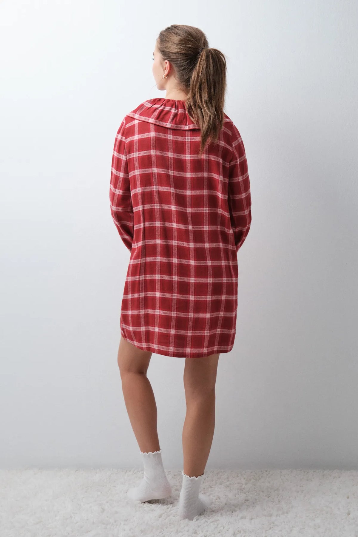 Women Secret Red Print Women Plaid Short Nightgown with Peter Pan Collar SKU: 4444833_59 Image 04