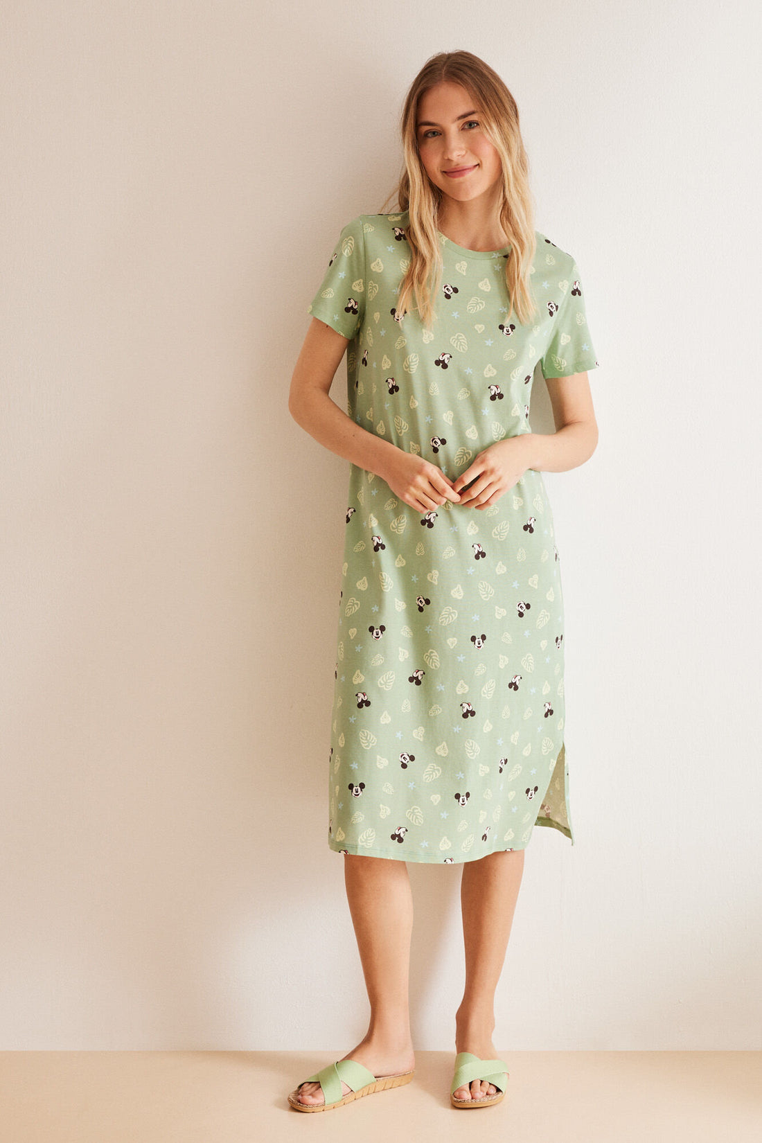 Green Print Short Sleeves Medium Nightdress_4447716_29_01