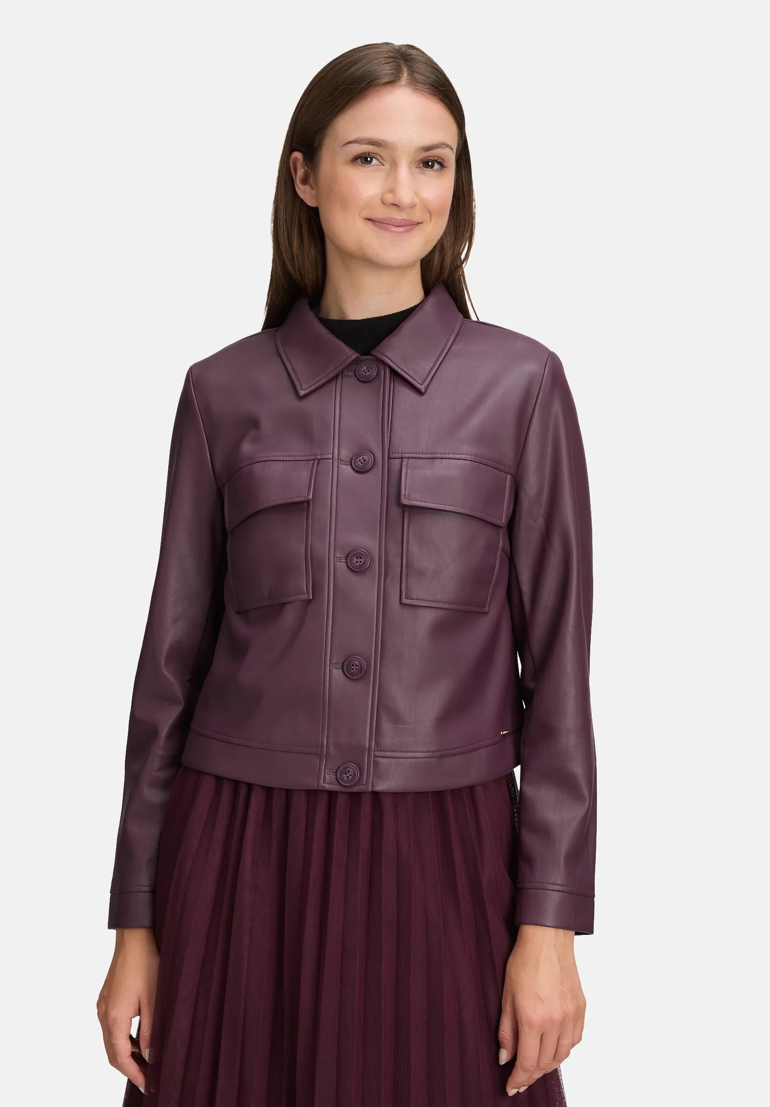 Betty Barclay_Dark Aubergine_Long-Sleeved Leather Jacket_4458-3127_4685_01