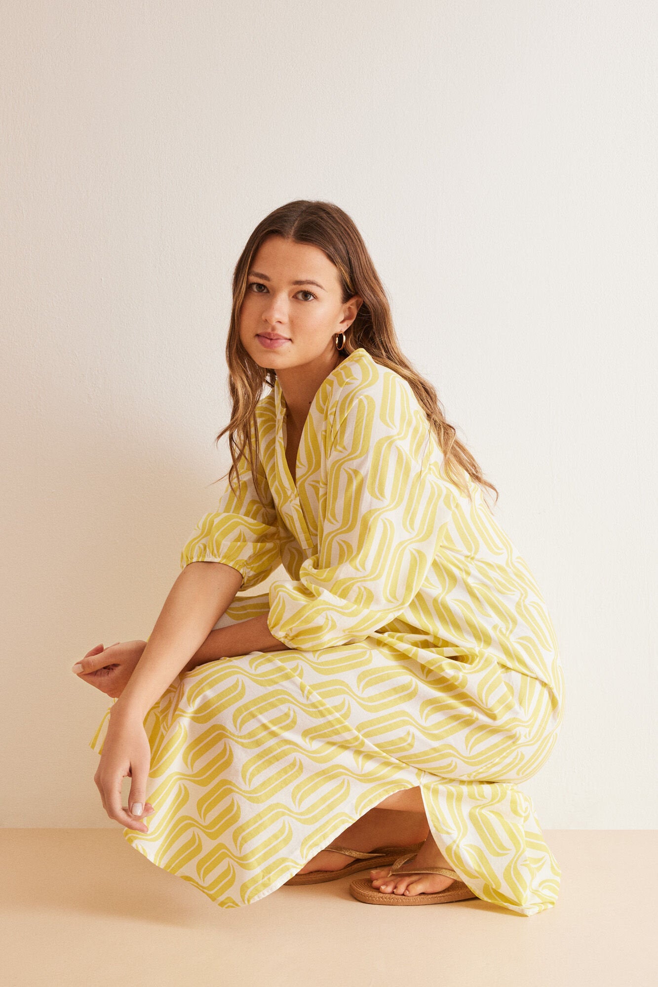 Yellow Print Long Sleeves Long Dress_4477731_09_01