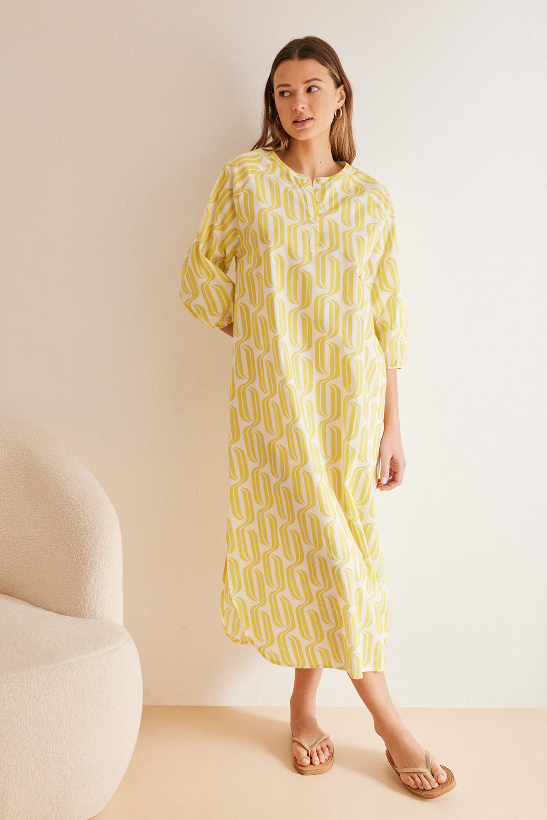 Yellow Print Long Sleeves Long Dress_4477731_09_02