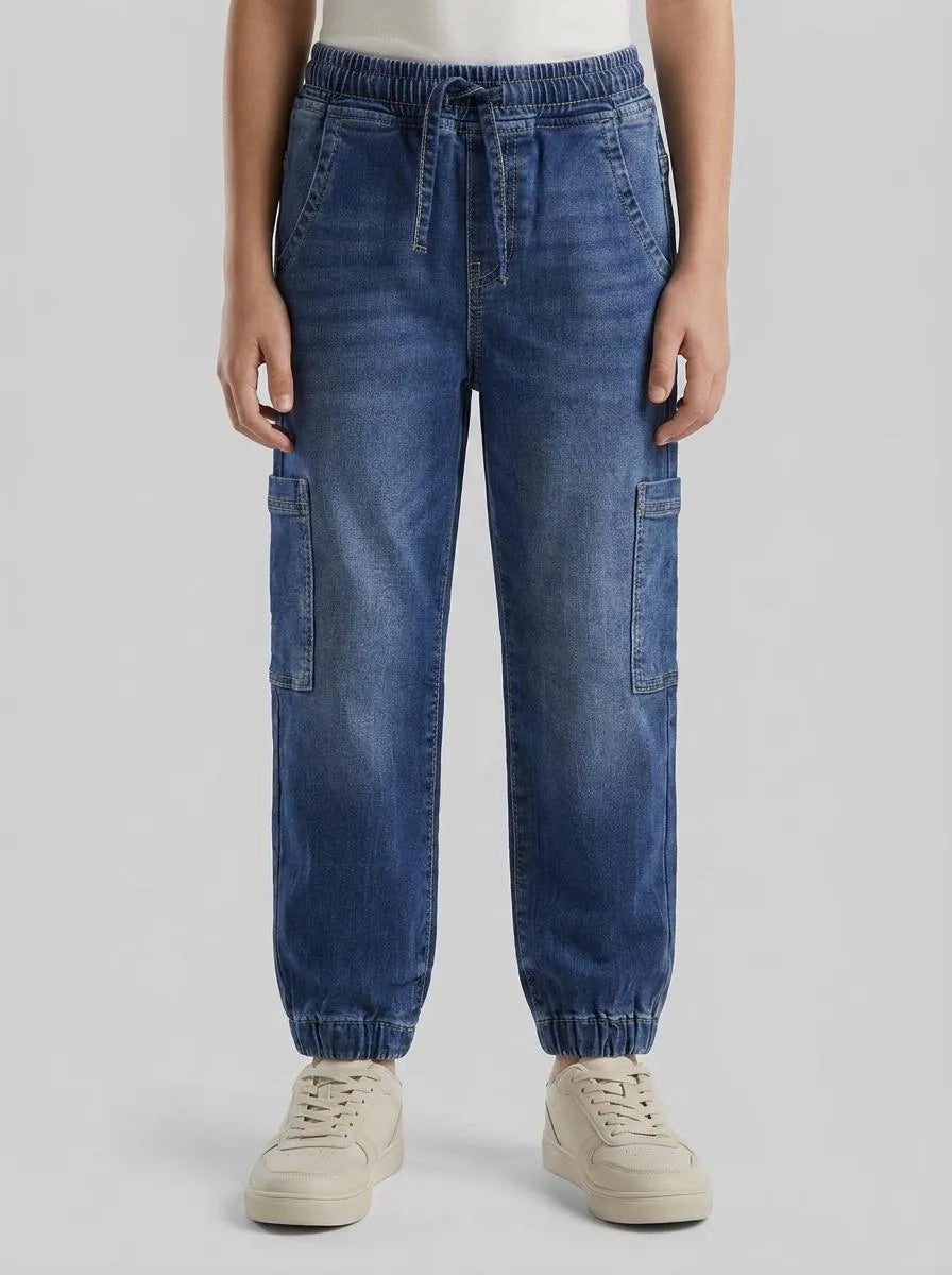 Benetton Blue Boys Denim Joggers with Maxi Pockets SKU: 44LGCF05L_901 Image 00