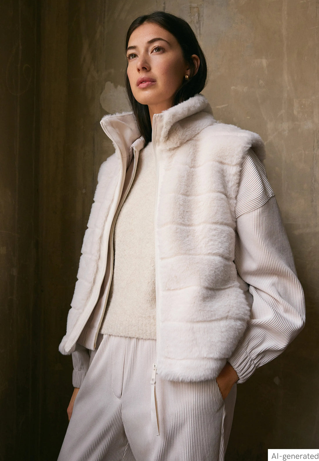 Betty Barclay White Sand Women Faux Fur Vest with Stand-Up Collar SKU: 4540-3043_1032 Image 01