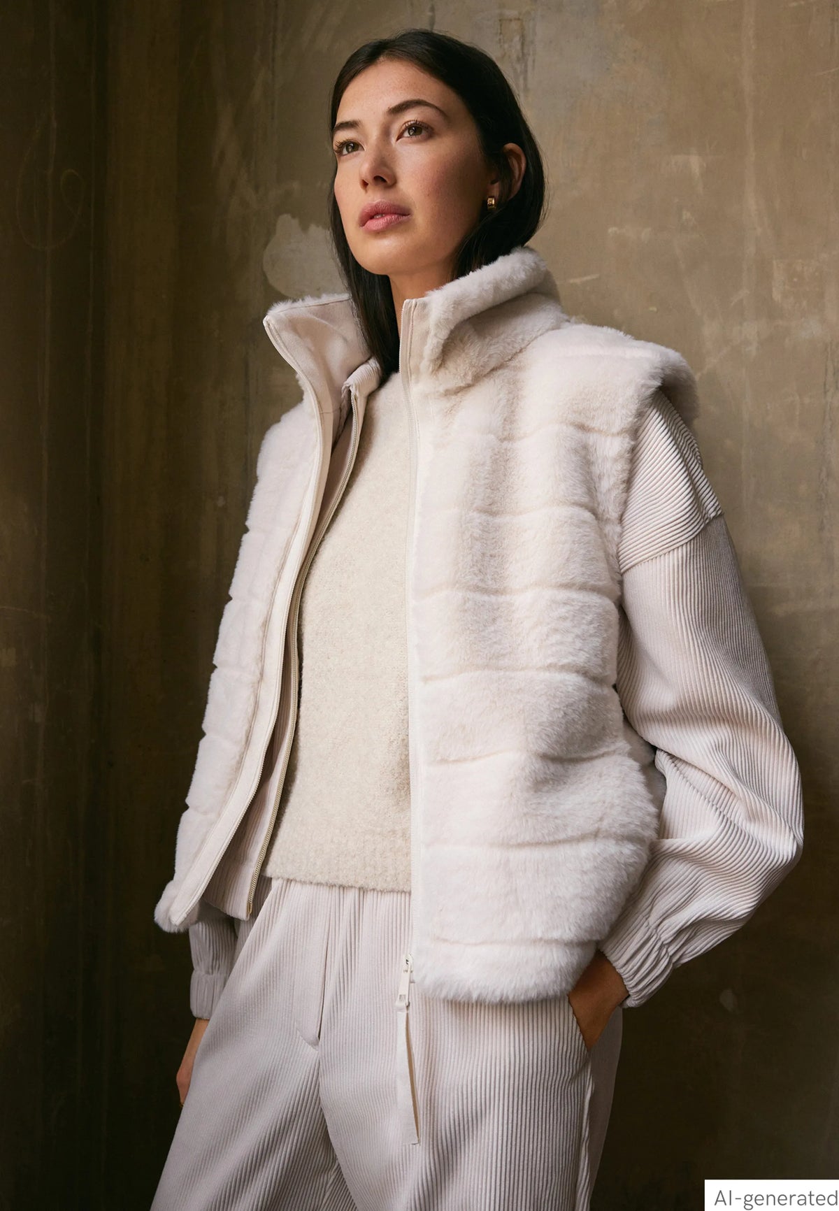 Betty Barclay White Sand Women Faux Fur Vest with Stand-Up Collar SKU: 4540-3043_1032 Image 01