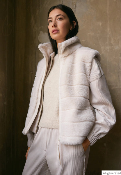 Betty Barclay White Sand Women Faux Fur Vest with Stand-Up Collar SKU: 4540-3043_1032 Image 01