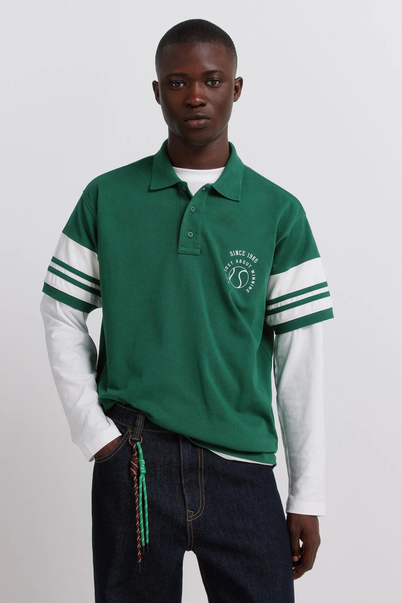 Springfield Green Men PiquŽ Block Contrast Sleeve Regular Fit Polo Shirt SKU: 4583282_25 Image 01