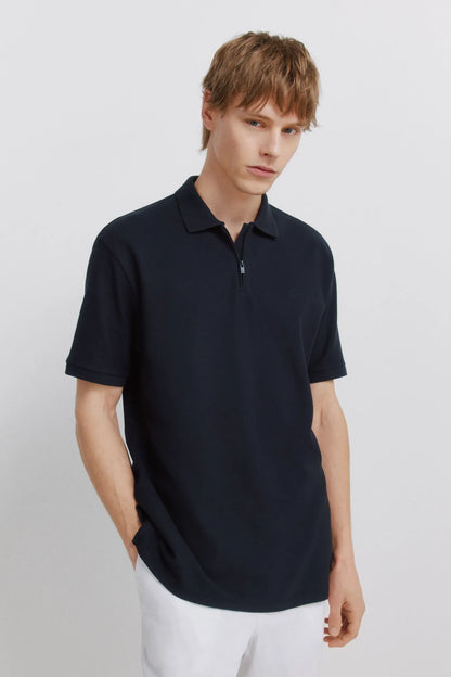 Springfield Blue Men PiquŽ Zip Regular Fit Polo Shirt SKU: 4583288_10 Image 01