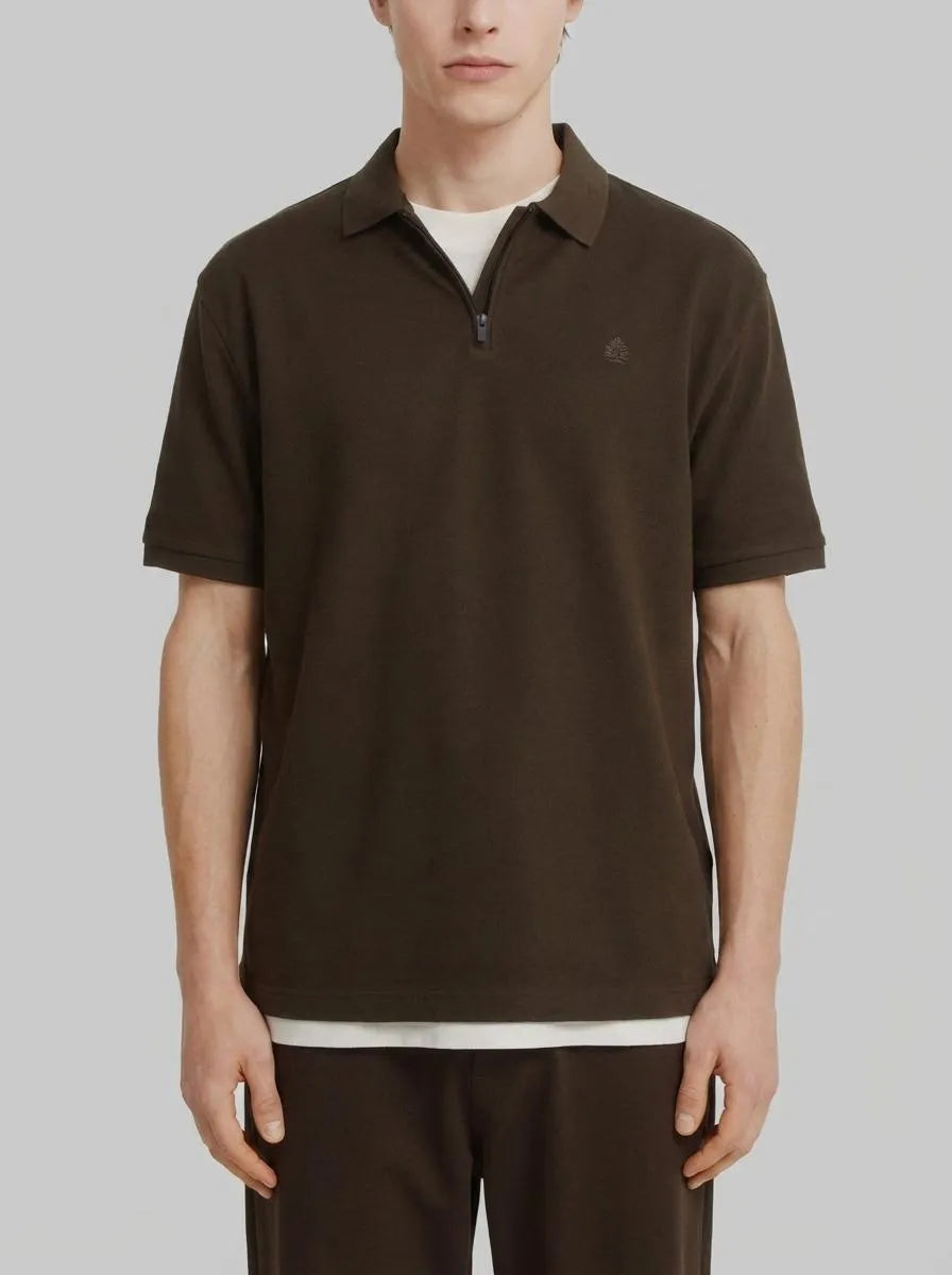 Springfield Brown Men PiquŽ Zip Regular Fit Polo Shirt SKU: 4583288_39 Image 00