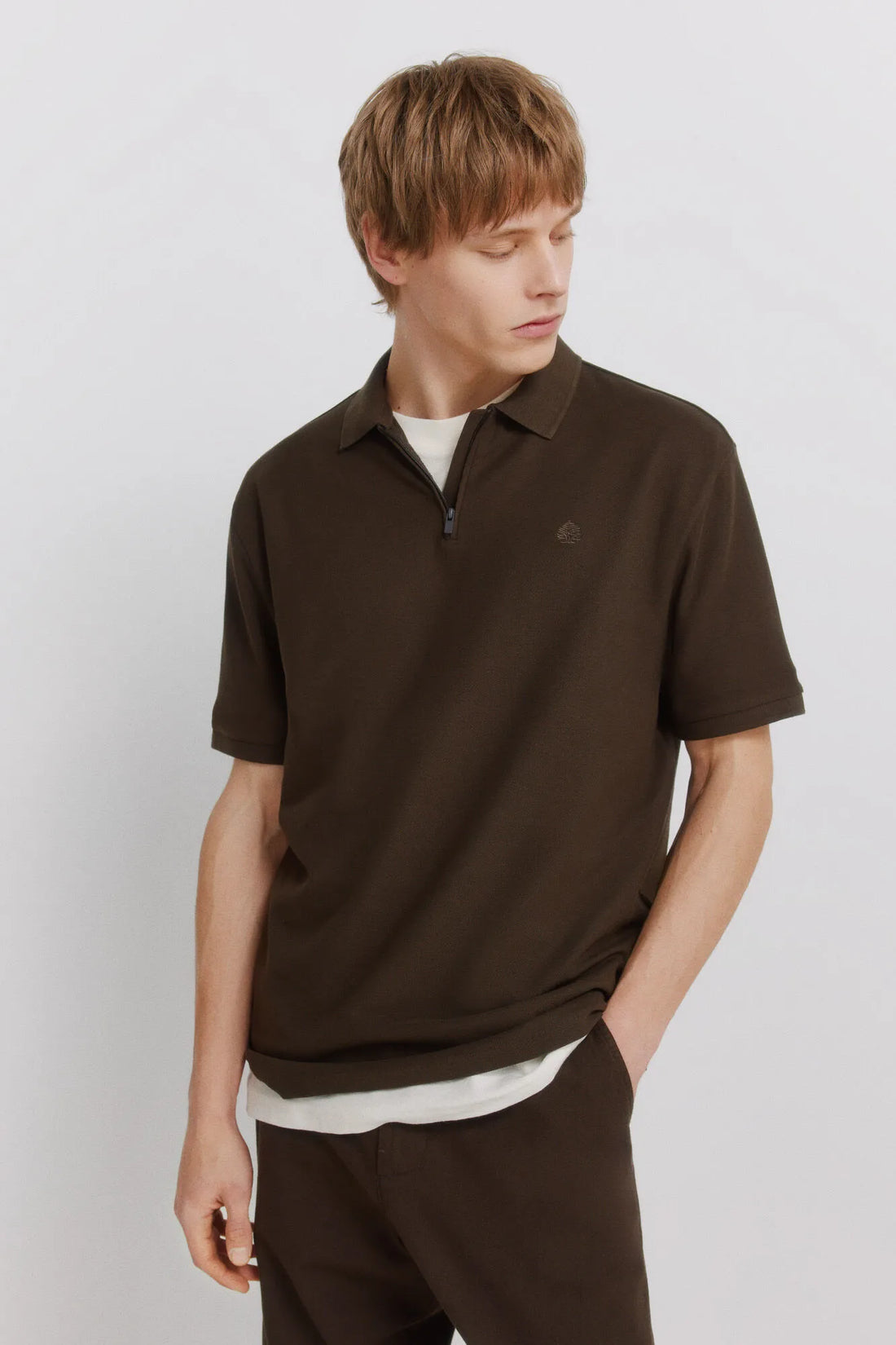 Springfield Brown Men PiquŽ Zip Regular Fit Polo Shirt SKU: 4583288_39 Image 01