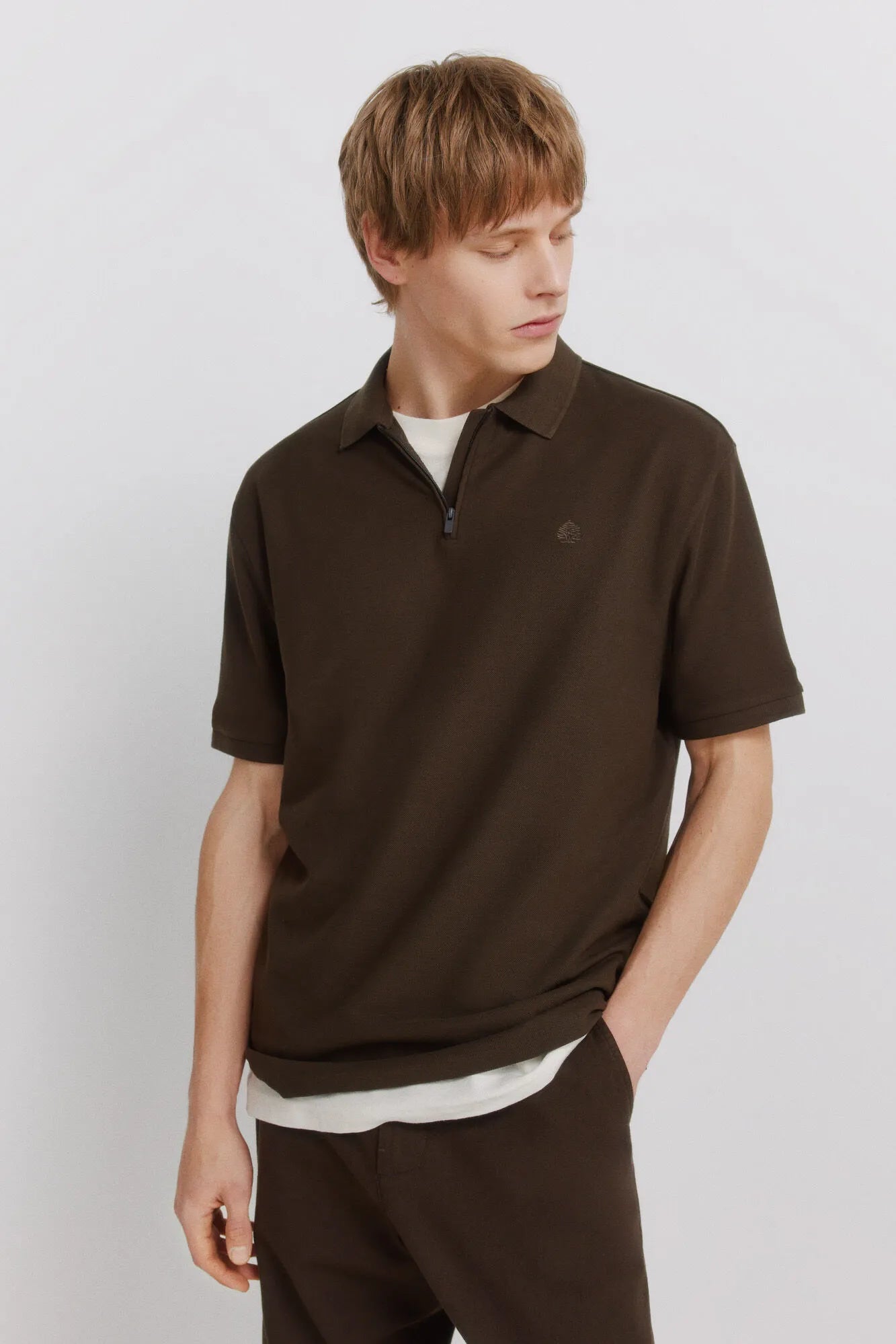 Springfield Brown Men PiquŽ Zip Regular Fit Polo Shirt SKU: 4583288_39 Image 01
