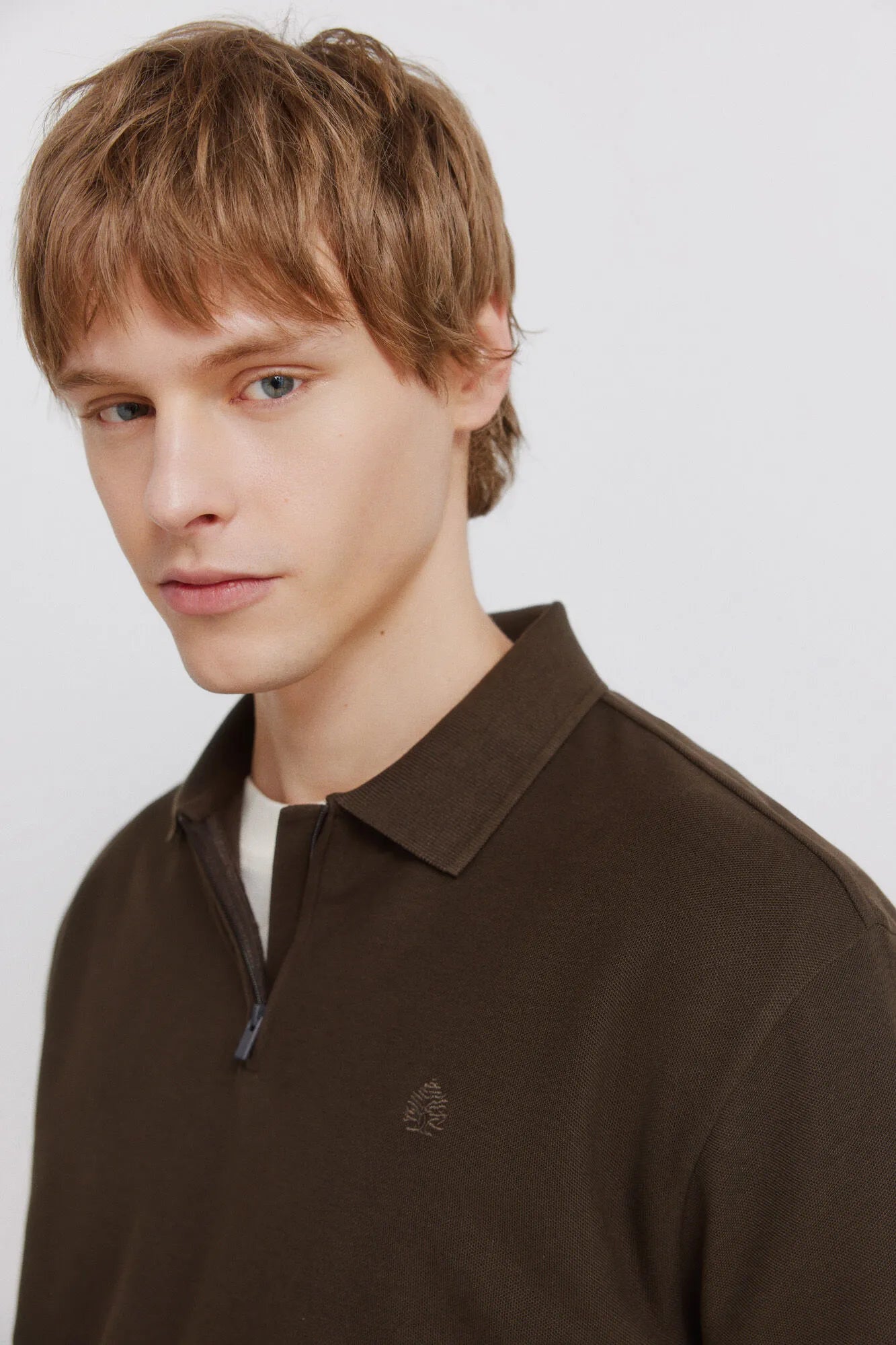 Springfield Brown Men PiquŽ Zip Regular Fit Polo Shirt SKU: 4583288_39 Image 03