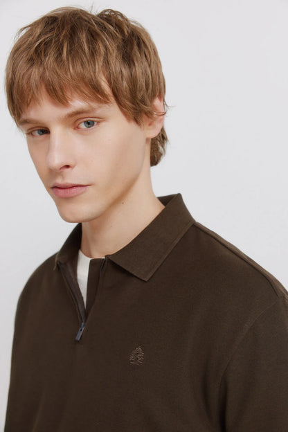 Springfield Brown Men PiquŽ Zip Regular Fit Polo Shirt SKU: 4583288_39 Image 03
