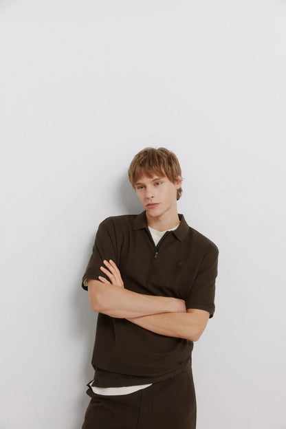 Springfield Brown Men PiquŽ Zip Regular Fit Polo Shirt SKU: 4583288_39 Image 05