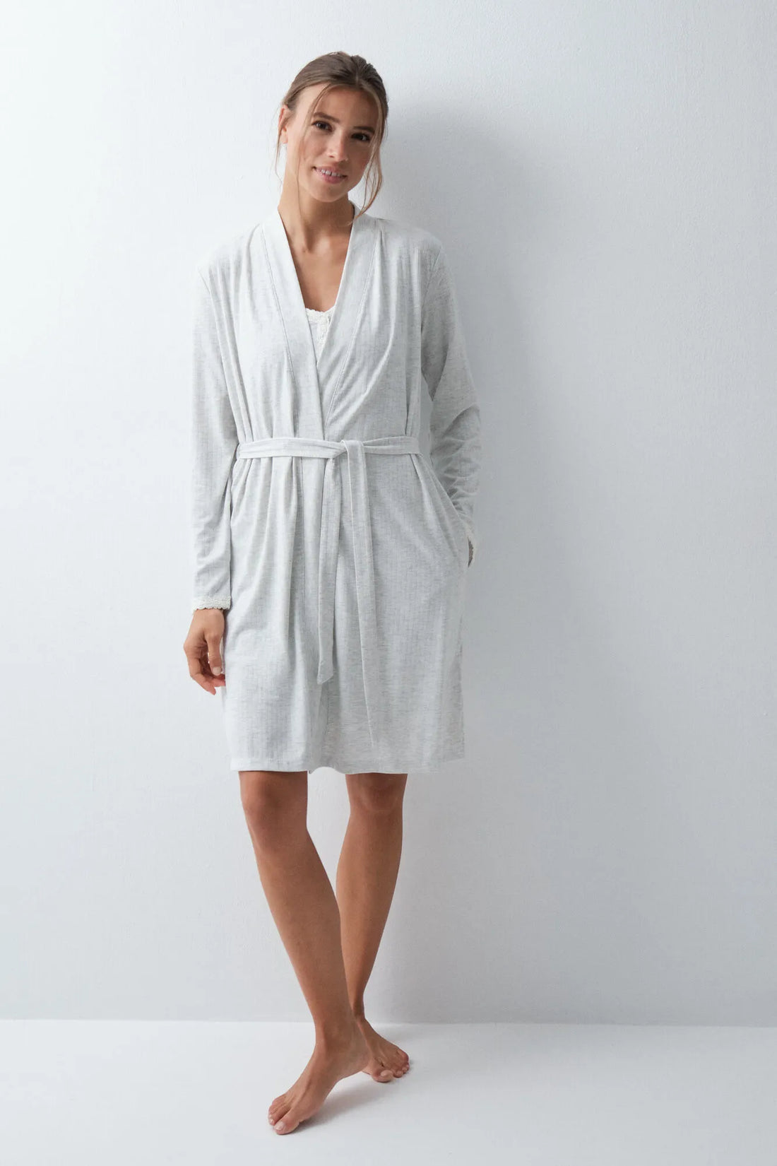 Women Secret Light Grey/Silver Women Grey Long Robe with Belt SKU: 4684176_48 Image 01