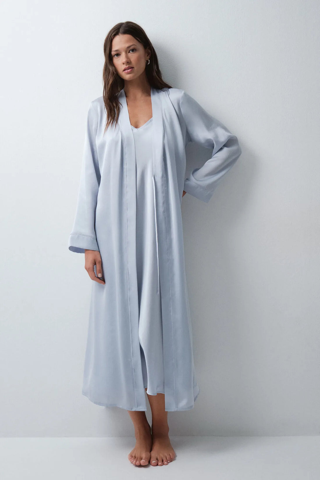 Women Secret Medium Blue Women Blue Satin-Finish Long Robe with Belt SKU: 4684177_14 Image 02