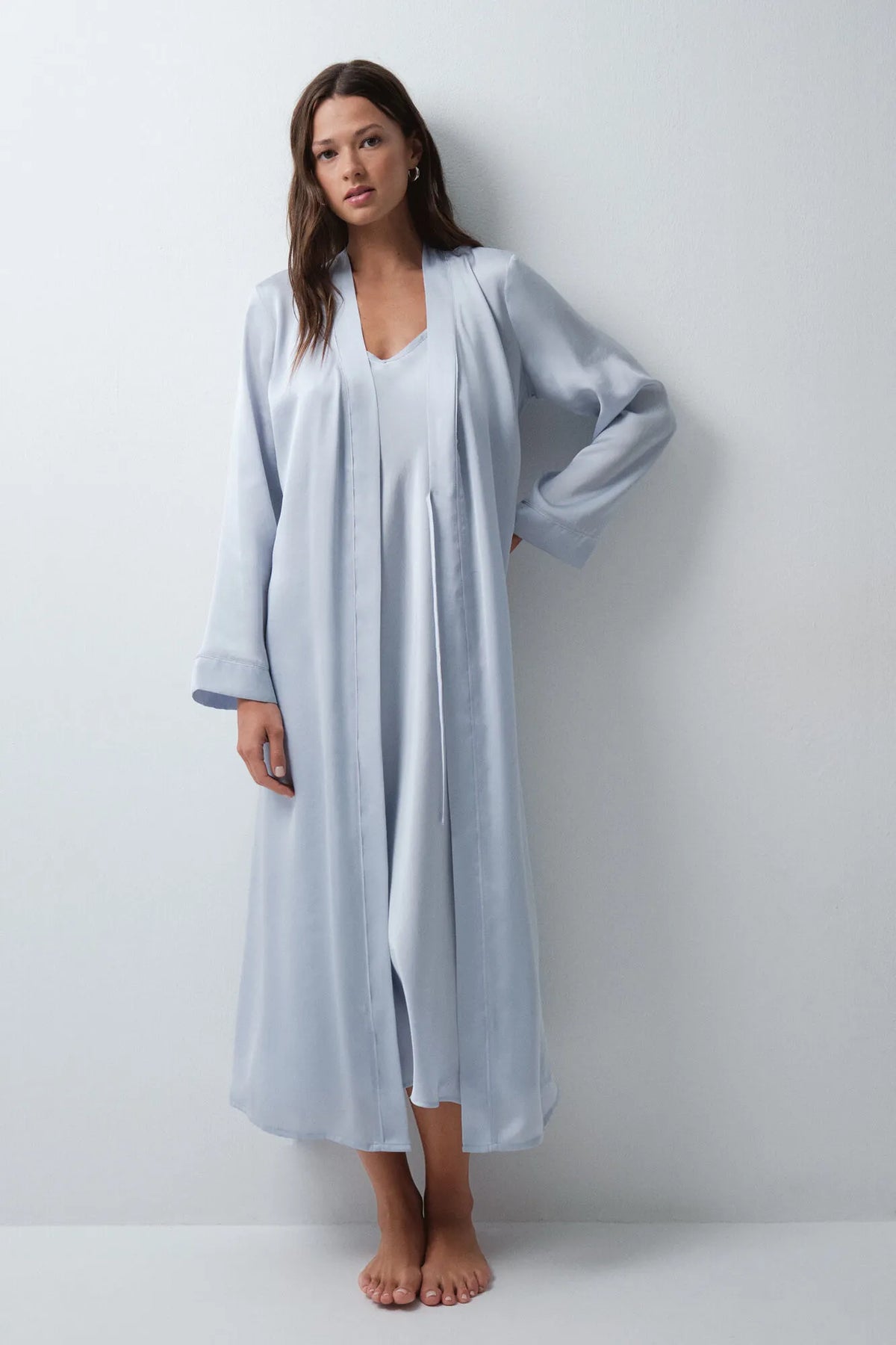 Women Secret Medium Blue Women Blue Satin-Finish Long Robe with Belt SKU: 4684177_14 Image 02