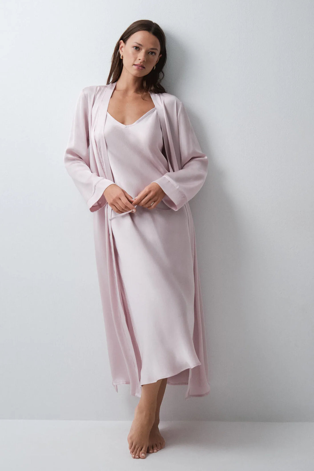 Women Secret Pink Women Pink Satin-Finish Long Robe with Belt SKU: 4684186_72 Image 01