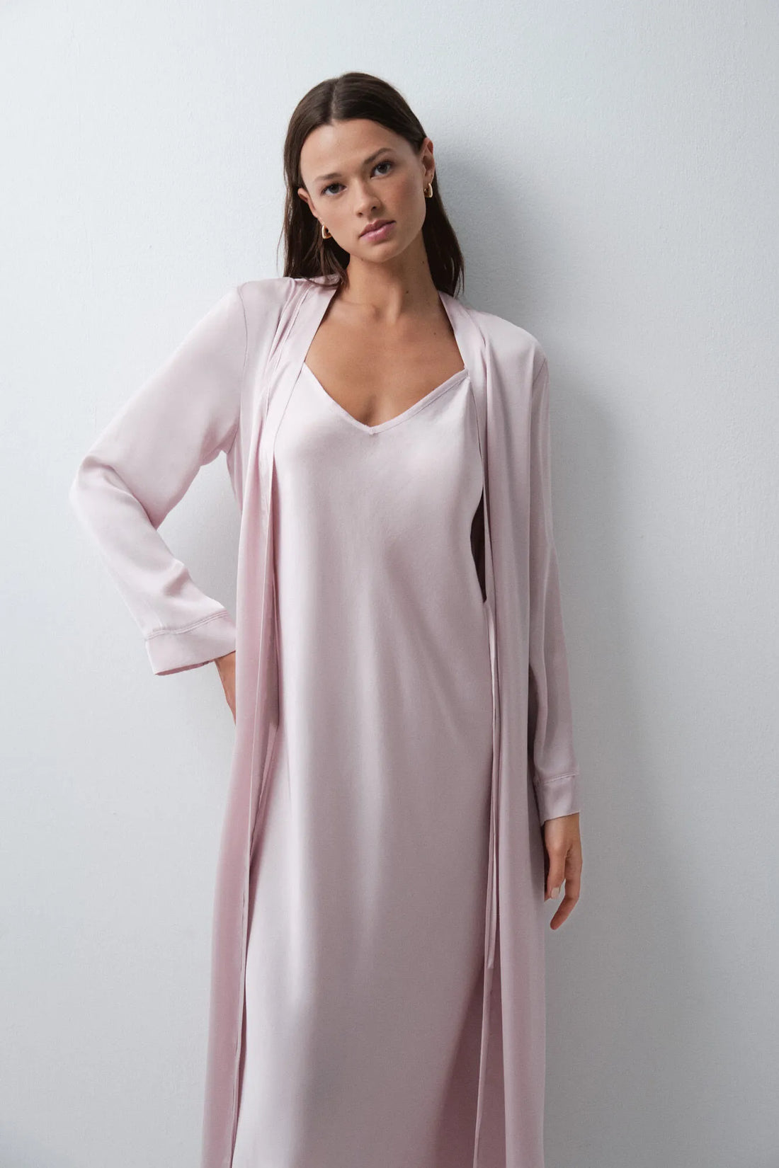Women Secret Pink Women Pink Satin-Finish Long Robe with Belt SKU: 4684186_72 Image 02