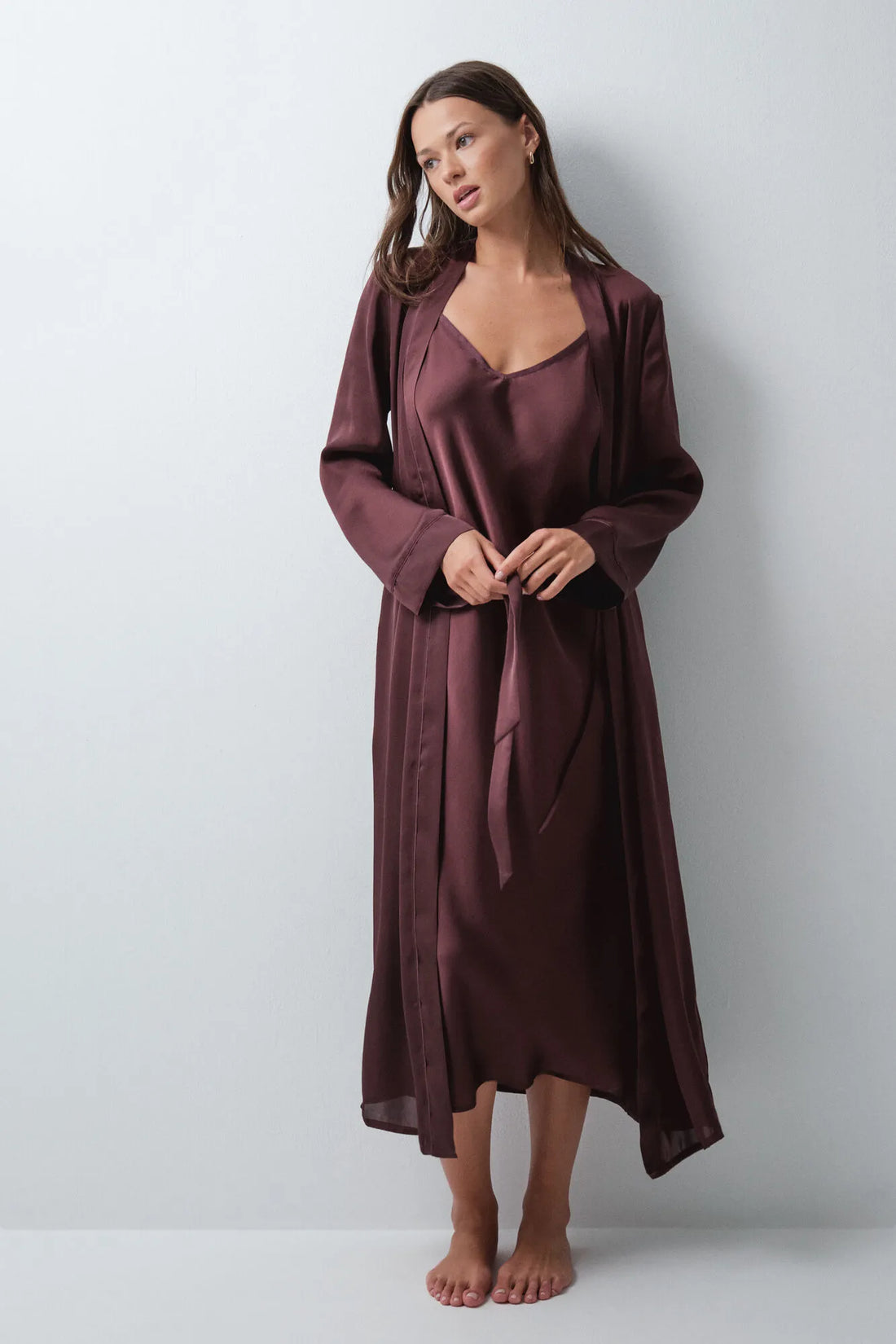 Women Secret Wine Women Burgundy Satin-Finish Long Robe with Belt SKU: 4684187_68 Image 01