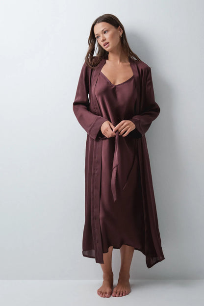 Women Secret Wine Women Burgundy Satin-Finish Long Robe with Belt SKU: 4684187_68 Image 01