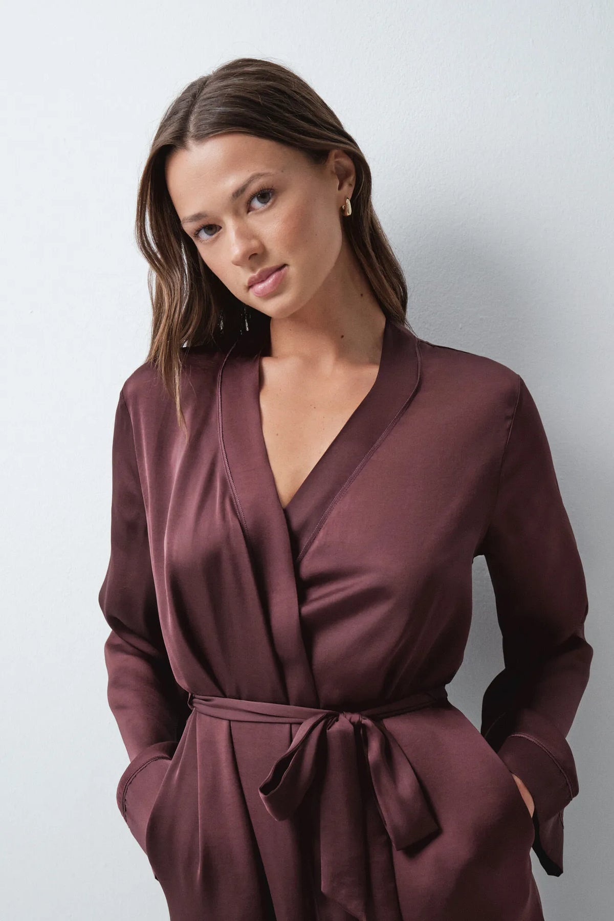 Women Secret Wine Women Burgundy Satin-Finish Long Robe with Belt SKU: 4684187_68 Image 03