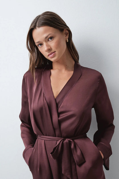 Women Secret Wine Women Burgundy Satin-Finish Long Robe with Belt SKU: 4684187_68 Image 03