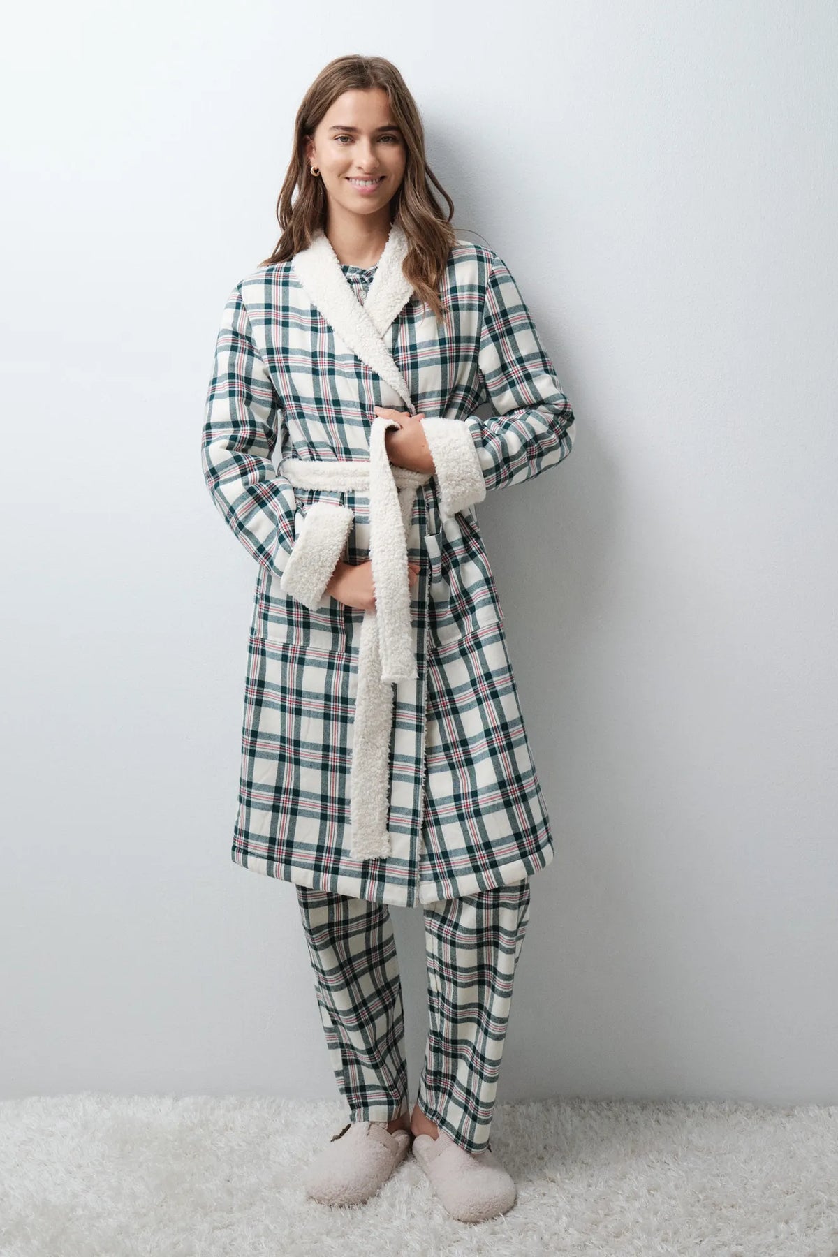 Women Secret Ivory Women Plaid Faux Fur Long Robe SKU: 4684190_96 Image 01