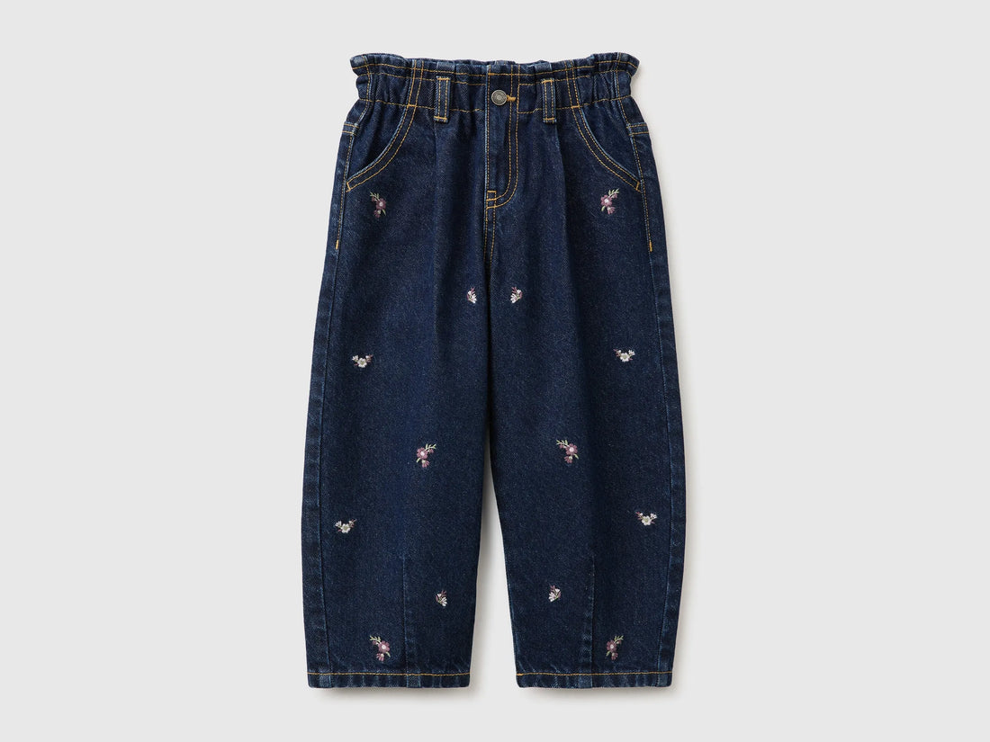 Benetton Blue Girls Balloon Fit Jeans with Embroidery SKU: 46WDGF03E_901 Image 01