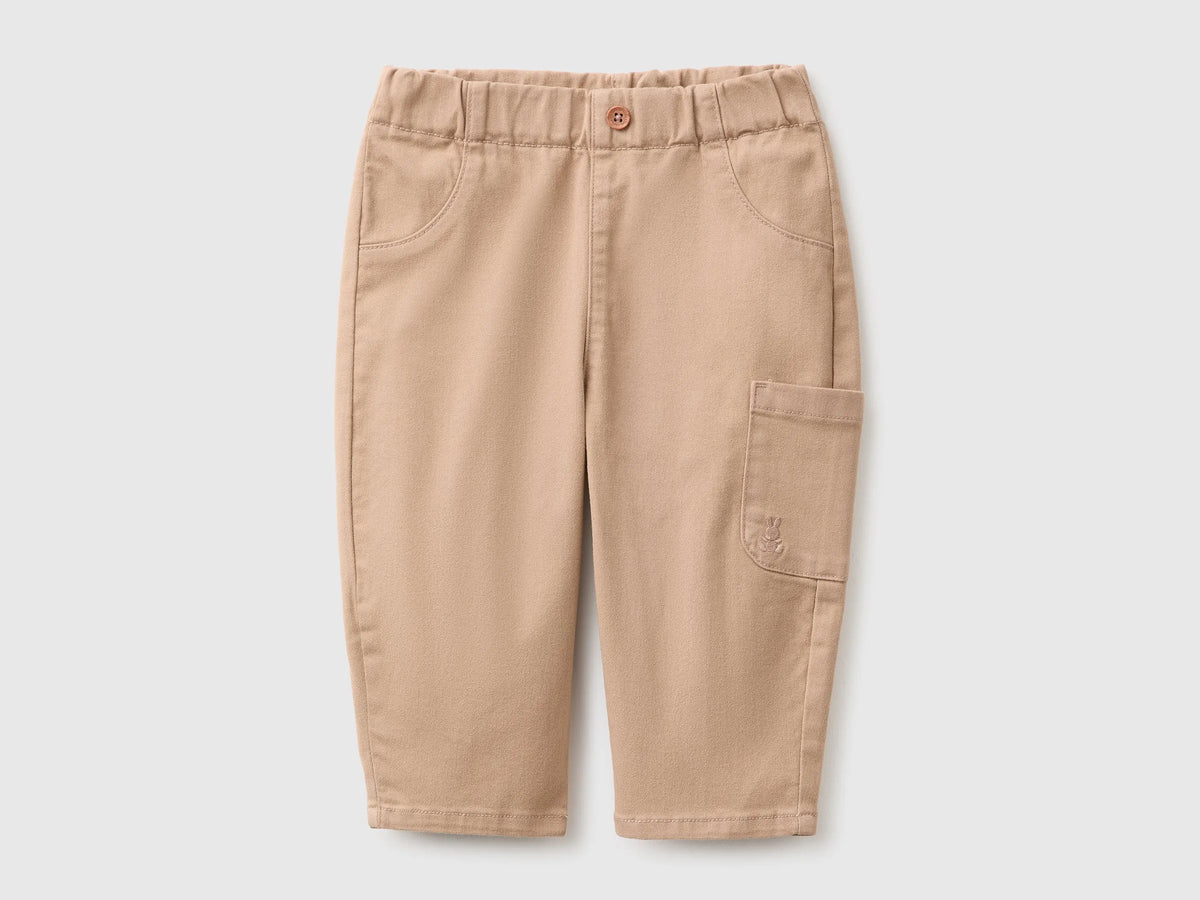 Benetton Beige Unisex Trousers with Embroidered Pocket SKU: 46ZDAF01Z_799 Image 01