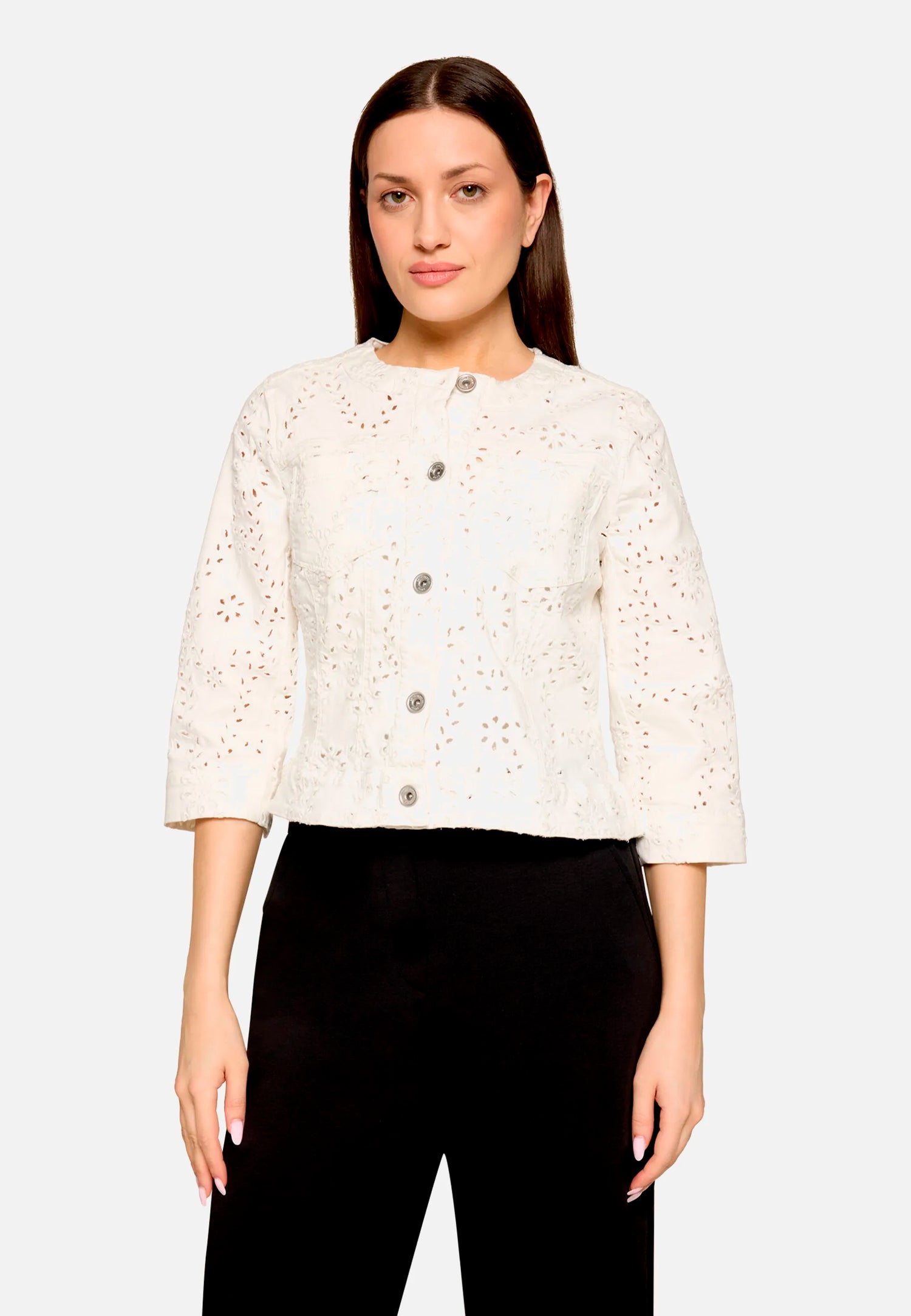 Betty Barclay Offwhite Women Denim Jacket with 3/4 Sleeves SKU: 4747-1942_1014 Image 01